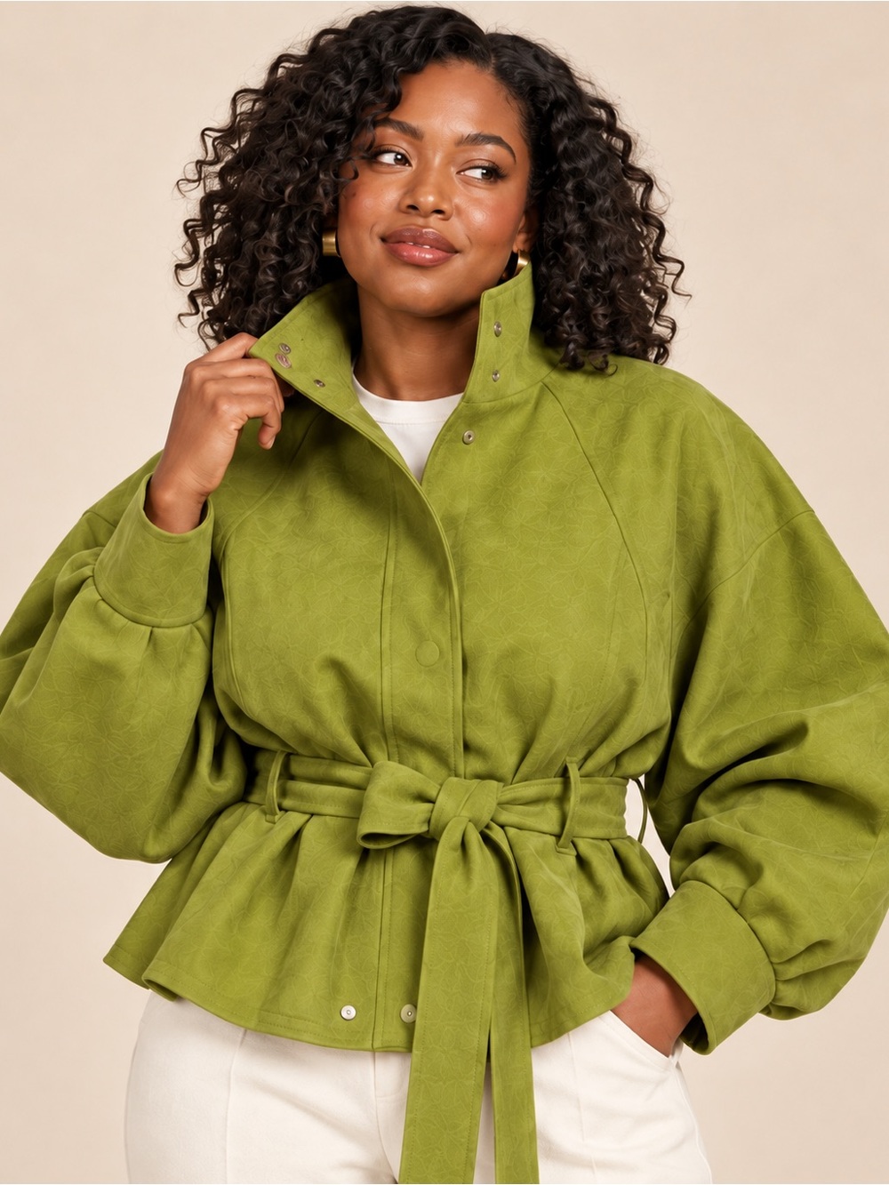 Olive Green Belted Trench Coat - Women's Suede-Texture Jacket